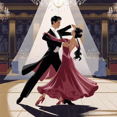 The primary subject of the image is a man and a woman dancing together on a wooden floor. They are both wearing formal attire, with the man dressed in a tuxedo and the woman in a long dress. The setting appears to be a ballroom or a similar venue, as they are dancing in front of a chandelier. The visual style of the image is a combination of digital art and illustration, creating a vibrant and lively atmosphere. The dominant colors in the image are pink and